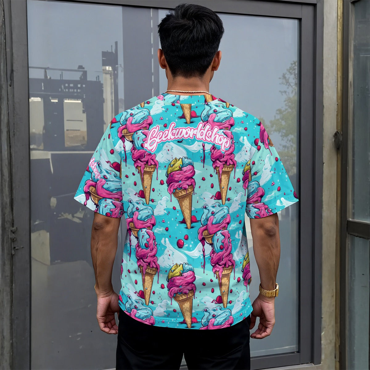 "Sweet Drip" Drop-Shoulder Tee – Ice Cream Cone Pattern