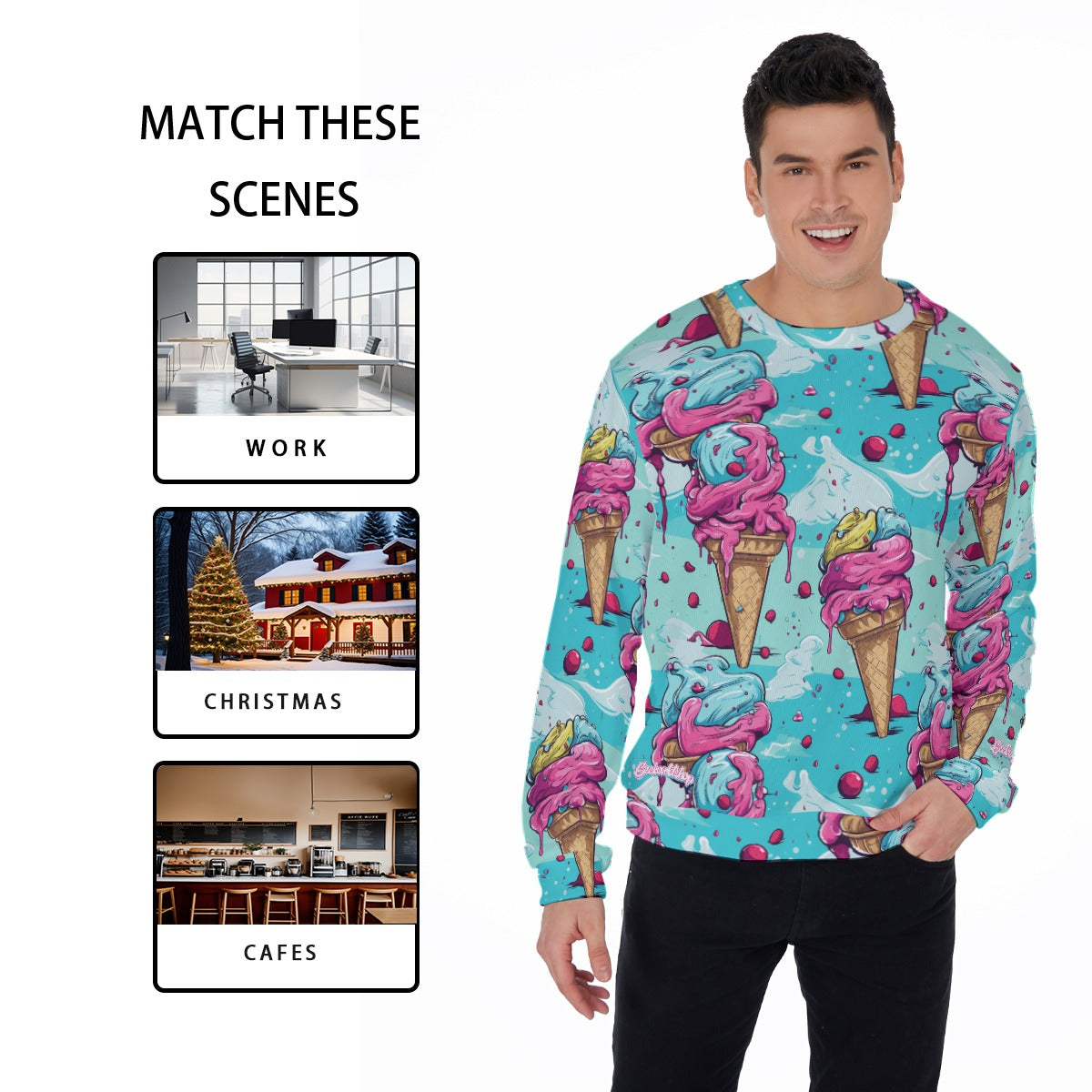 "Cone Cozy" All-Over Print Sweater – Ice Cream Pattern | Made 2 Order