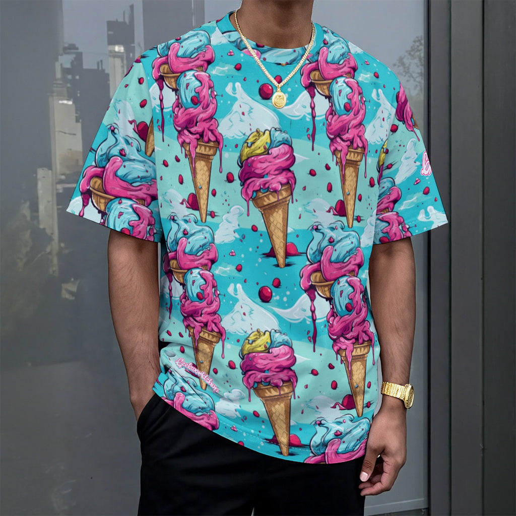 "Sweet Drip" Drop-Shoulder Tee – Ice Cream Cone Pattern