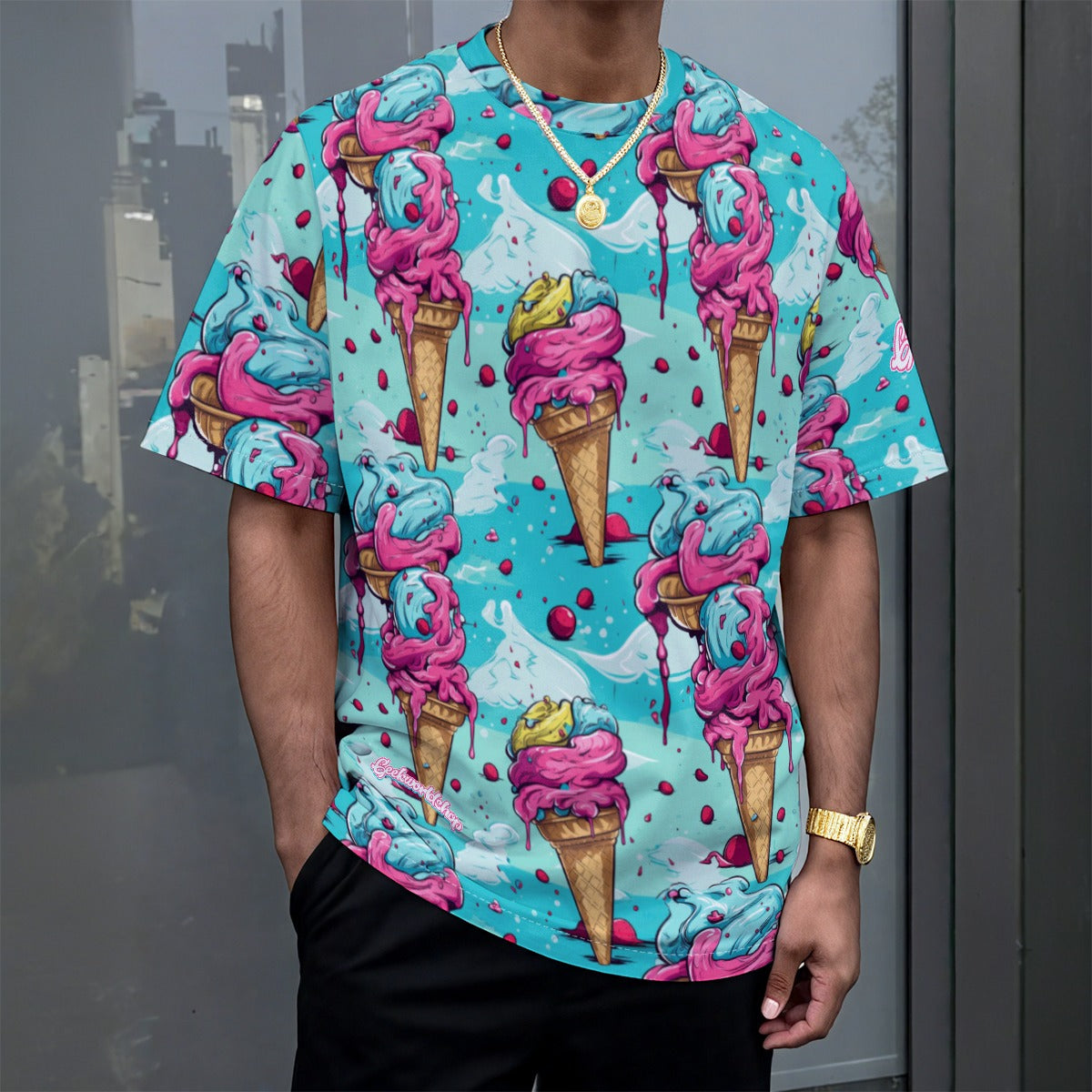 "Sweet Drip" Drop-Shoulder Tee – Ice Cream Cone Pattern