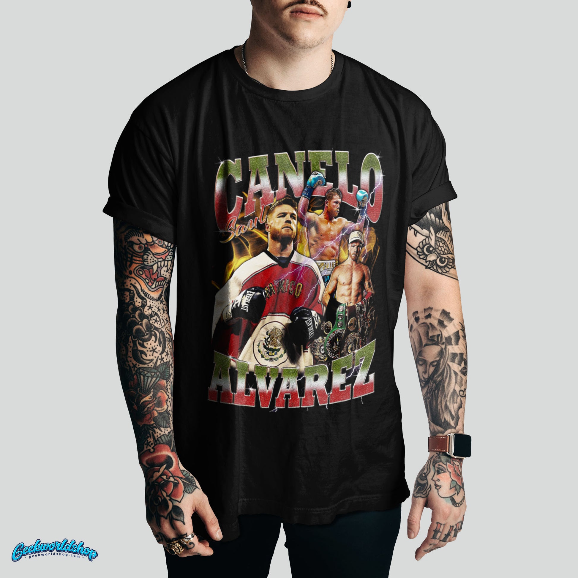 Canelo Álvarez bootleg boxing T-shirt – vintage fight night design by Geek World Shop