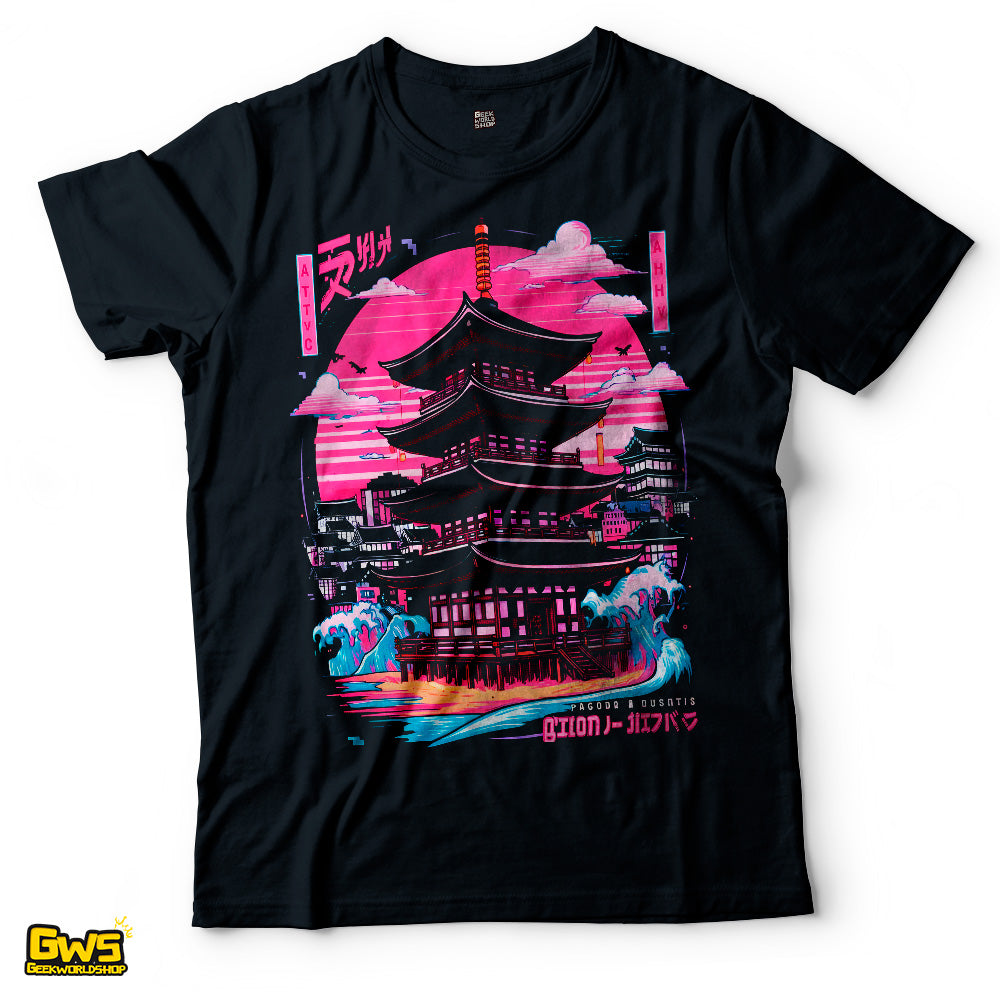 Japanese Cyberpunk Pagoda T-Shirt – Synthwave Neon Graphic Tee