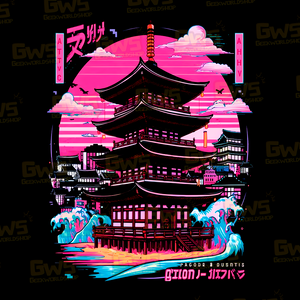 Japanese Cyberpunk Pagoda T-Shirt – Synthwave Neon Graphic Tee