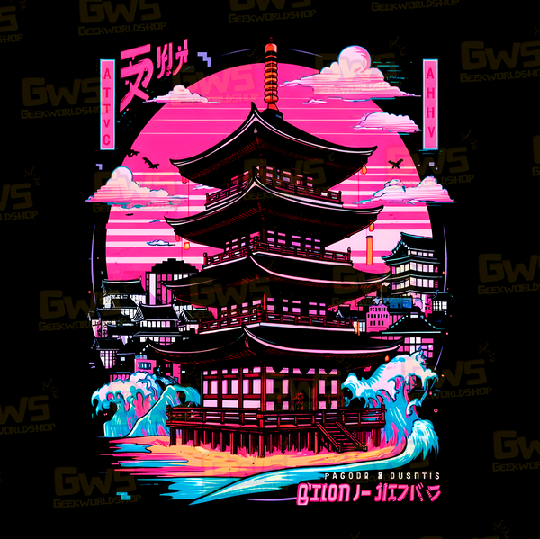 Japanese Cyberpunk Pagoda T-Shirt – Synthwave Neon Graphic Tee